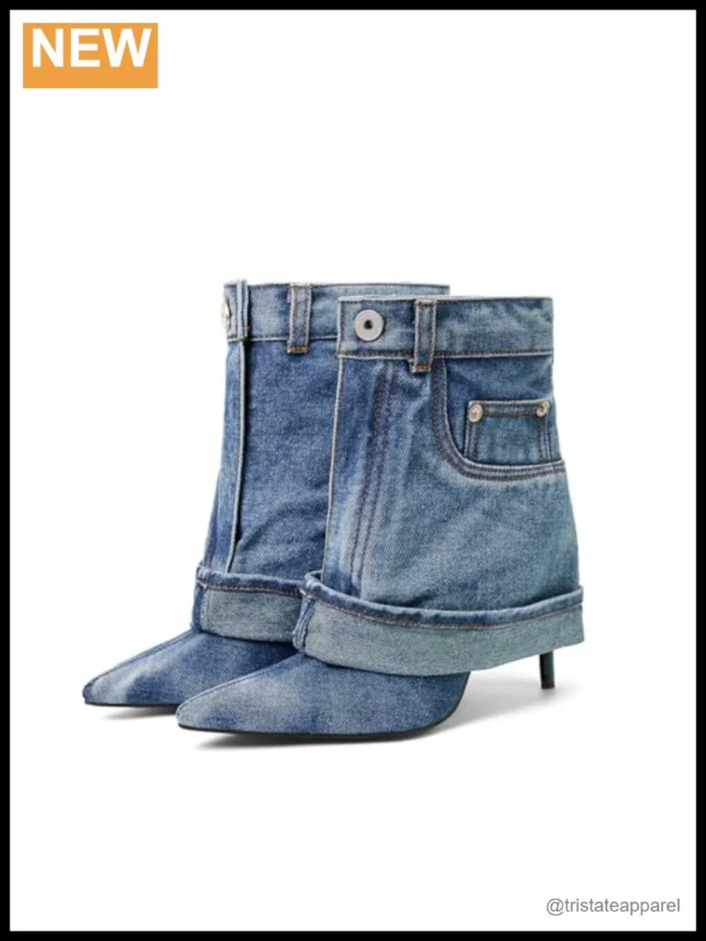 Pointed Toe Stiletto High Heel Ankle Denim Booties Fold Over Jean Boots Women